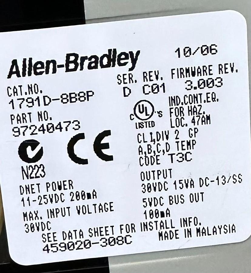 ALLEN BRADLEY 1791D-8B8P /D DeviceNet COMPACT I/O BLOCK 24VDC 8IN/8OUT 1791D8B8P