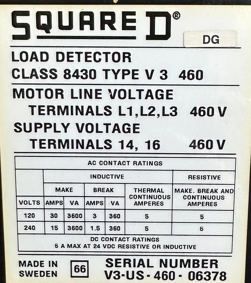 Used SQUARE D 8430-V3460 / 8430V3460 RELAY LOAD DETECTOR 8430 460V 3-PHASE * MISSING