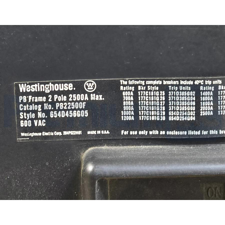 Used Westinghouse PB22500F 2500A 2-Pole 600V Circuit Breaker 654D456G05 w/ 2000A Trip