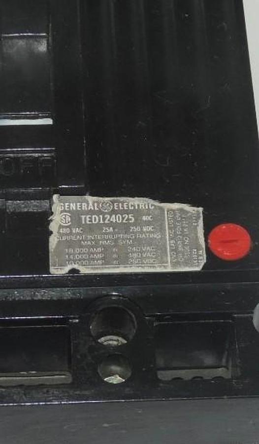 Used GENERAL ELECTRIC TED124025 CIRCUIT BREAKER 480VAC, 25A, 250VDC