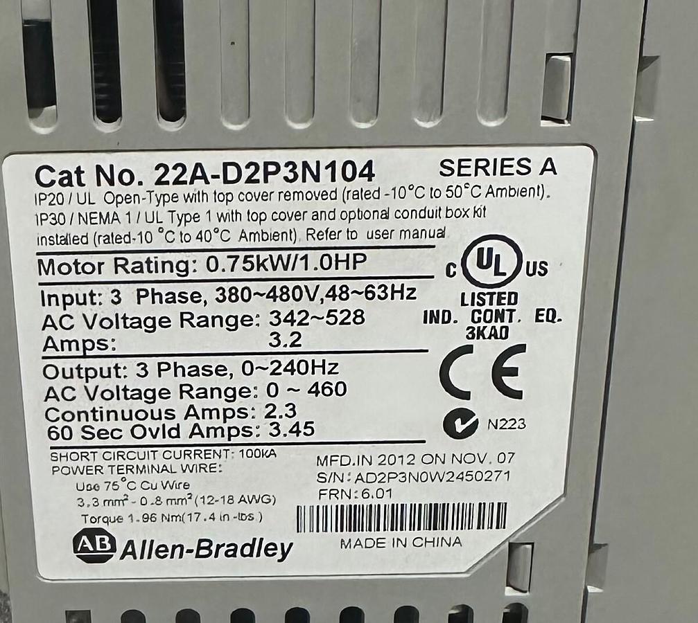Used ALLEN BRADLEY 22A-D2P3N104 /A POWERFLEX 4 DRIVE 0.75kW/1.0HP 22AD2P3N104