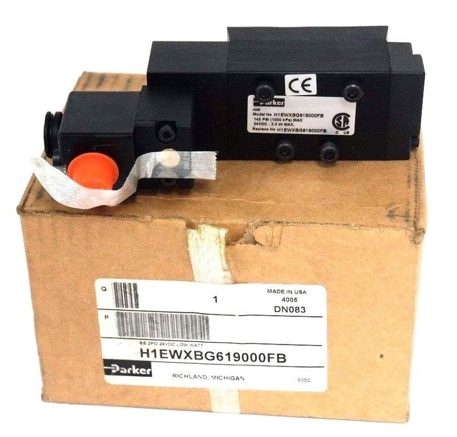 Used NIB PARKER H1EWXBG619000FB PNEUMATIC VALVE 145PSI MAX, 24VDC, 2.3W MAX, P0293349