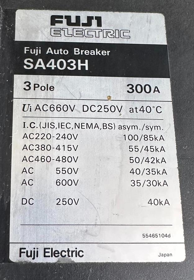 Used FUJI ELECTRIC SA403H FUJI AUTO BREAKER 3P 300A AC660V DC250V *MISSING HARDWARE