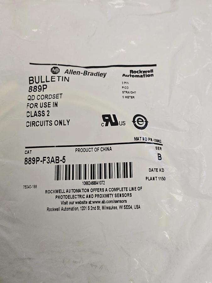 Used NEW ALLEN BRADLEY 889P-F3AB-5 SER. B 3-PIN 5M QD CORDSET 889PF3AB5