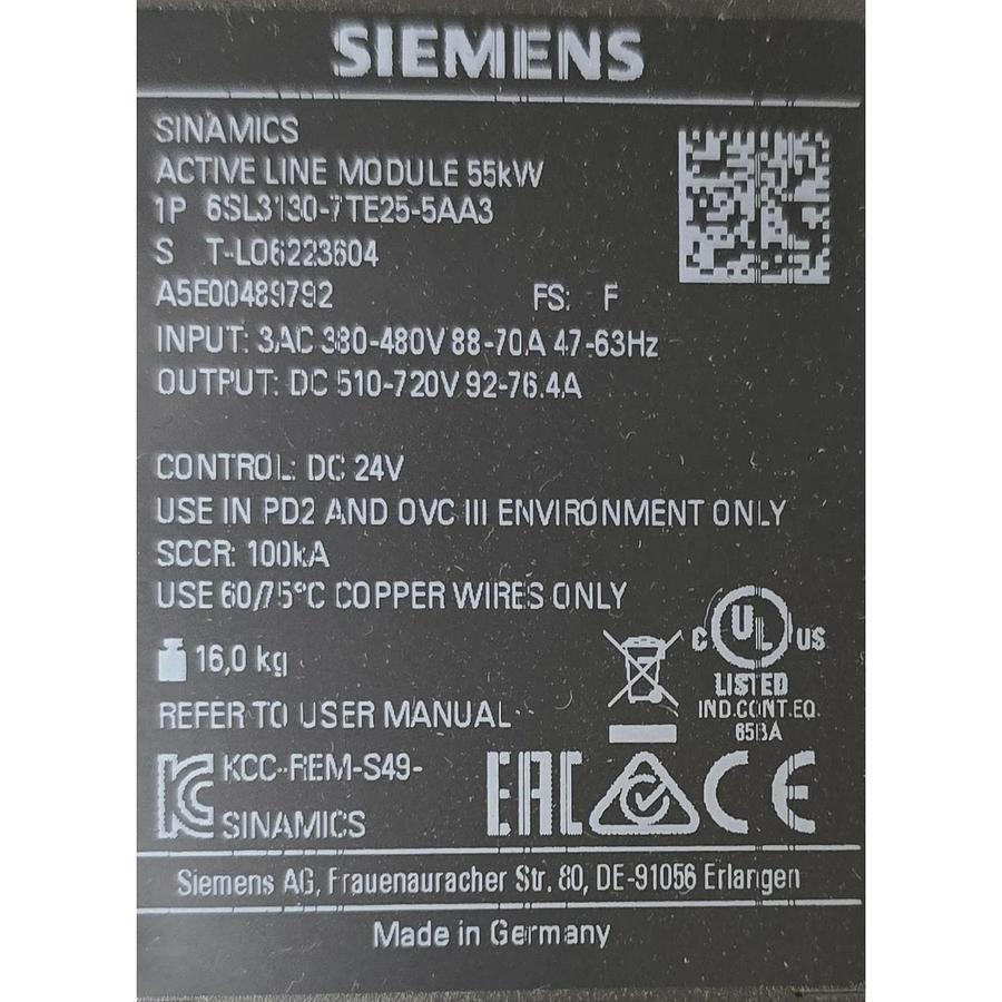 SIEMENS 6SL3130-7TE25-5AA3 SINAMICS S120 ACTIVE LINE MODULE 55kW 92A NSMP