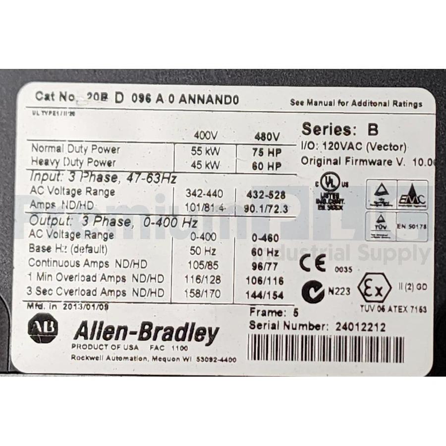 Used USED ALLEN BRADLEY 20BD096A0ANNAND0 /B PowerFlex 700 AC DRIVE VFD 480V 96A 75HP