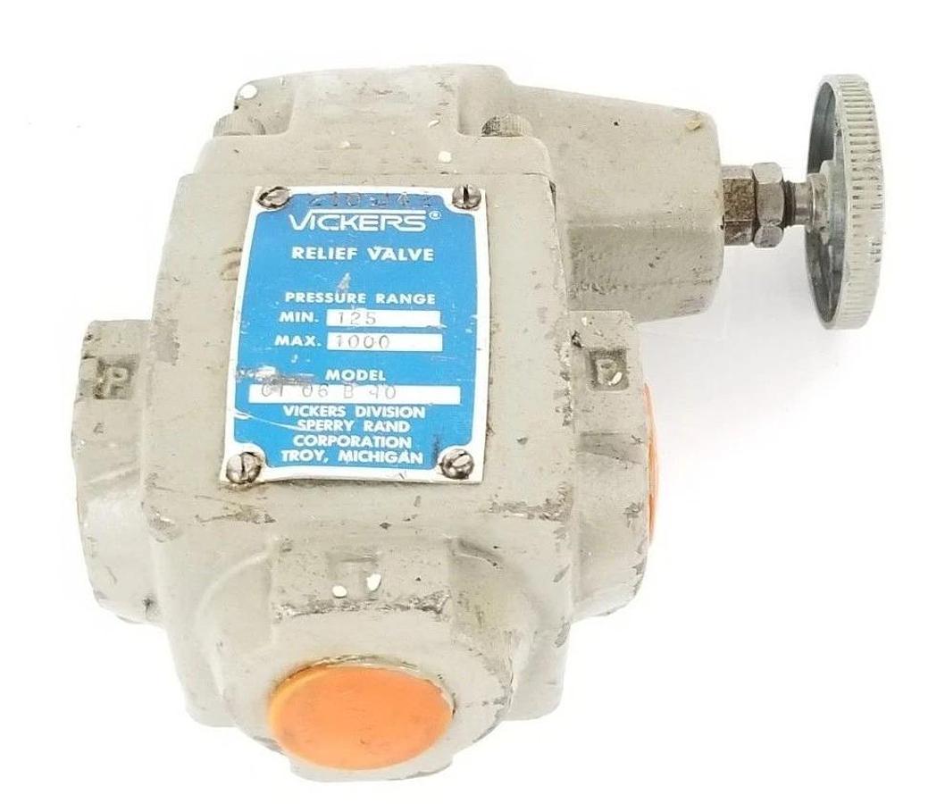 Used VICKERS 01-06-B-40 RELIEF VALVE 125-1000PSI 0106B40 *DAMAGED*
