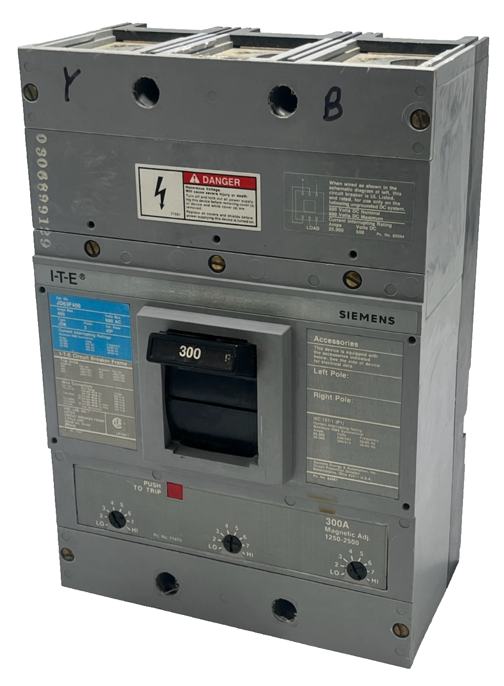 Used Siemens JXD63B400 Sentron Circuit Breaker 3 Pole 400 Amp 600V JXD6-A