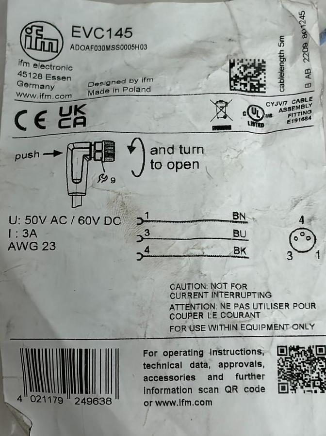 Used ifm EVC145 5M Right Angle M12 Sensor Cable 3-Wire 50V AC 60V DC AWG 23 New Open