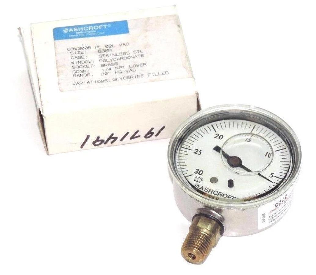 Used NIB ASHCROFT 63W3005 HL 02L VAC PRESSURE GAUGE 30" HG VAC 63MM 1/4" NPT LOWER