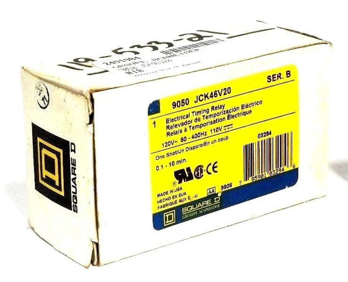 Used NIB SQUARE D 9050 JCK46V20 TIMING RELAY 0.1 - 10 MIN, 120V 50-400HZ 110V, SER. B