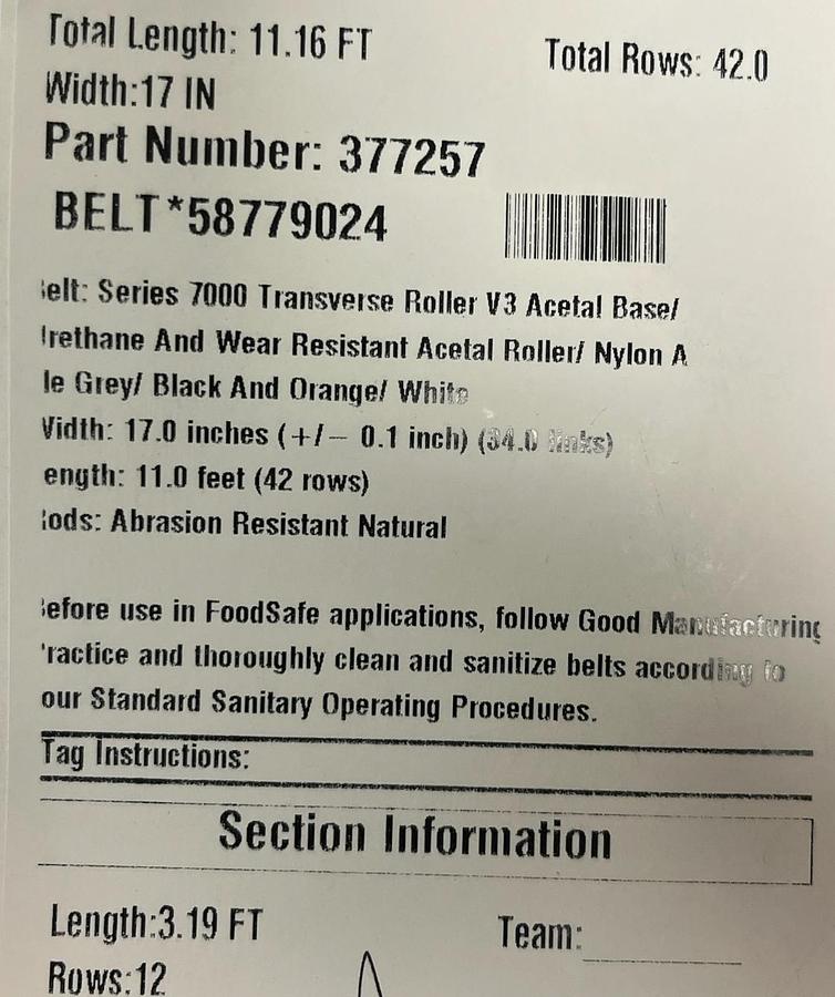Used Intralox 7000 Series Transverse Roller V3 Belt 17"W x 11' L (42 Rows) 377257 NEW