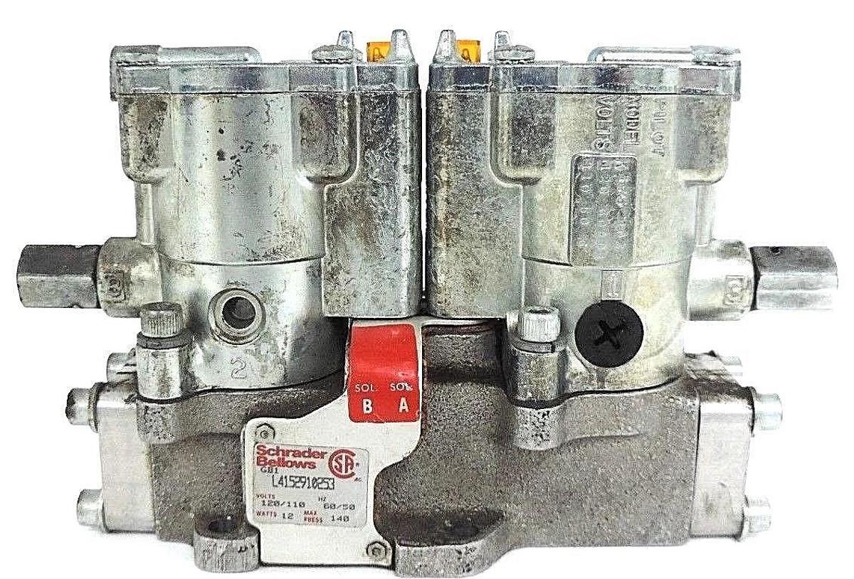 Used SCHRADER BELLOWS L4152910253 PNEUMATIC VALVE 110/220V, 50/60HZ, 12WATT, 140PSI