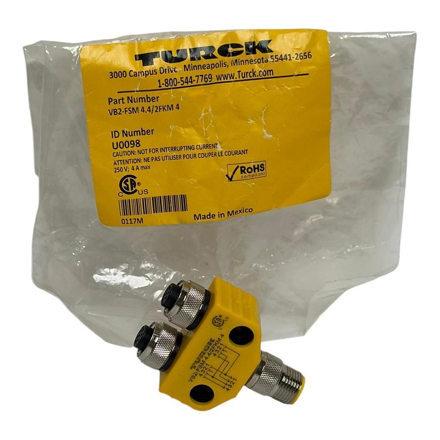 Turck VB2-FSM 4.4/2FKM 4 2-Way M12 Splitter Y-Piece Adapter Block New Surplus