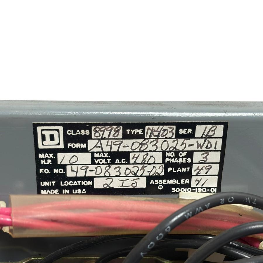 Used Square D 8998 Type NC403 NEMA Size 1 MCC Fusible Starter Bucket 480V 8998-NC403