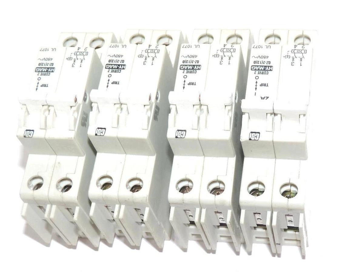 Used LOT OF 4 CBI HY-MAG, QZ-2(13)D, CURVE 2 CIRCUIT BREAKERS 2A, 480V~