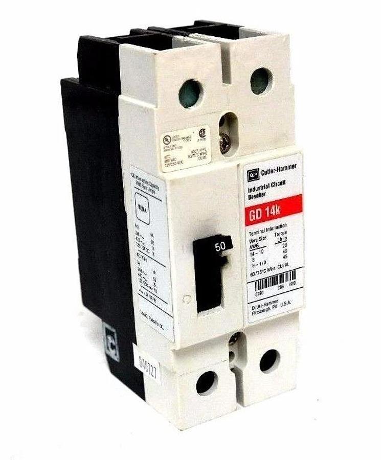 Used NIB CUTLER HAMMER GD2050 CIRCUIT BREAKER, GD 14K, 2POLE, 50AMP, 4D12159G08 GD14K