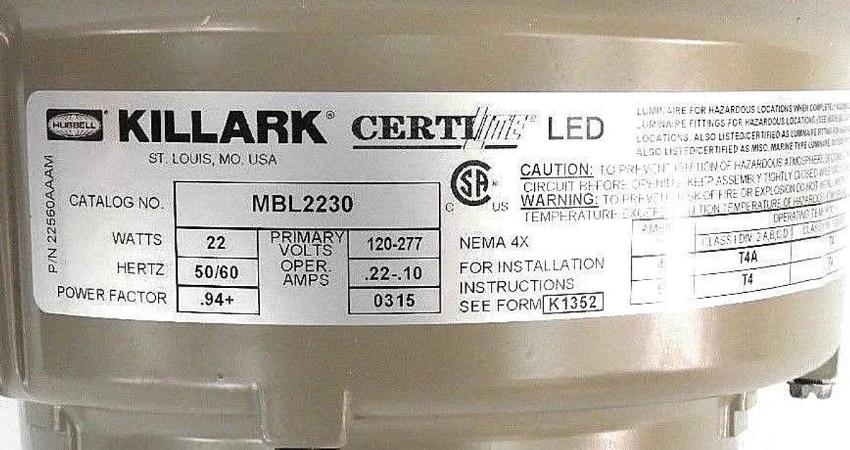 Used NIB HUBBELL KILLARK MBL2230 MBL LED LIGHTING FIXTURE 22W, 120-277V, 50/60HZ