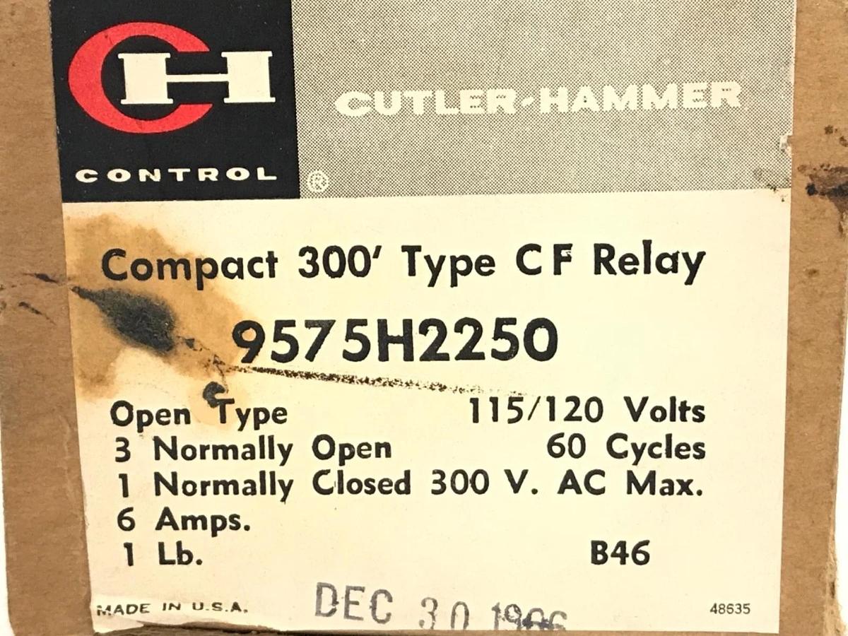 Used LOT OF 2 CUTLER-HAMMER 9575H2250 COMPACT 300 TYPE CF RELAYS 300VAC, 6A, 910