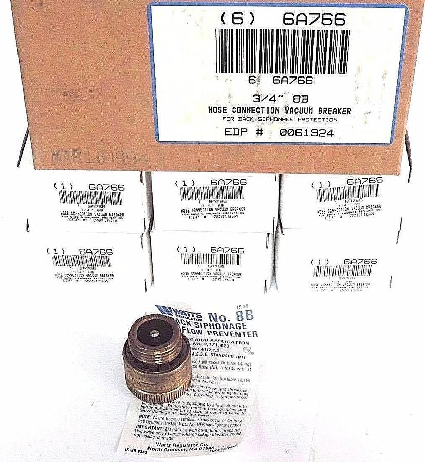 Used BOX OF 6 NEW WATTS 8B HOSE CONNECTION VACUUM BREAKERS 6A766, 0061924, 3/4''