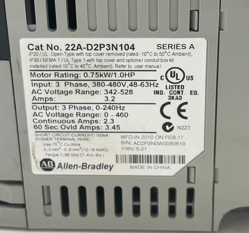 Used ALLEN-BRADLEY 22A-D2P3N104 PowerFlex 4 AC Drive 1.0HP 480V Ser A FRN 5.01 VFD