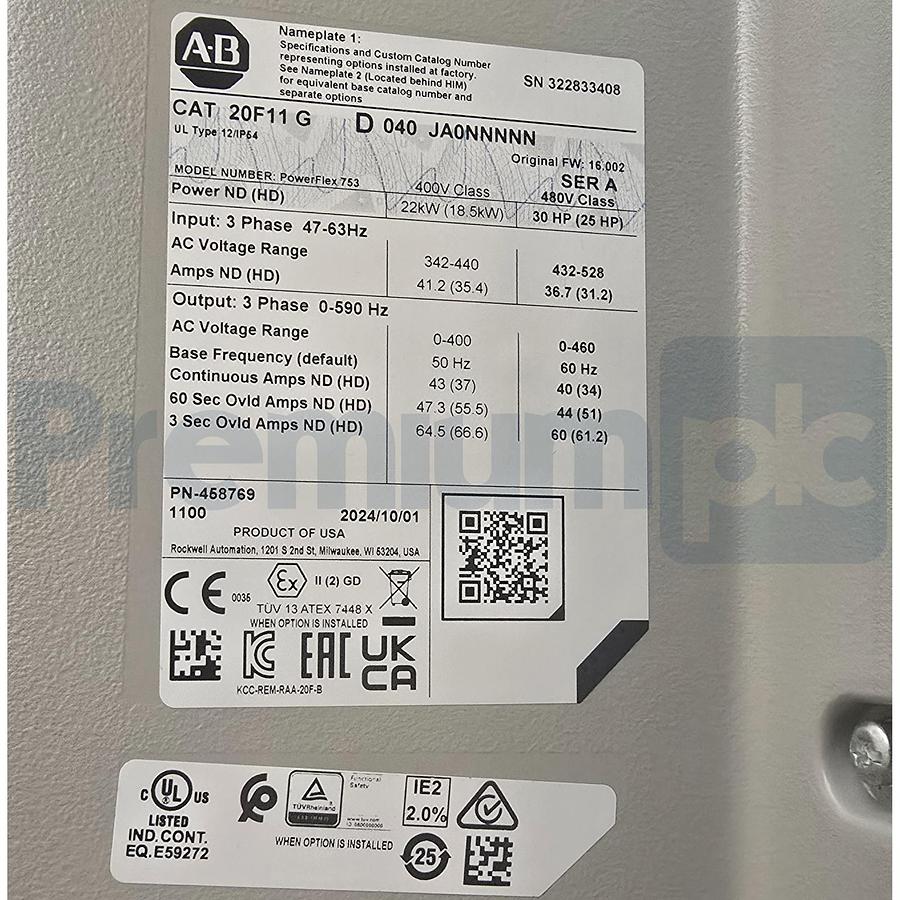Used Surplus Allen Bradley 20F11GD040JA0NNNNN /A PowerFlex 753 VFD Drive 480V 30HP