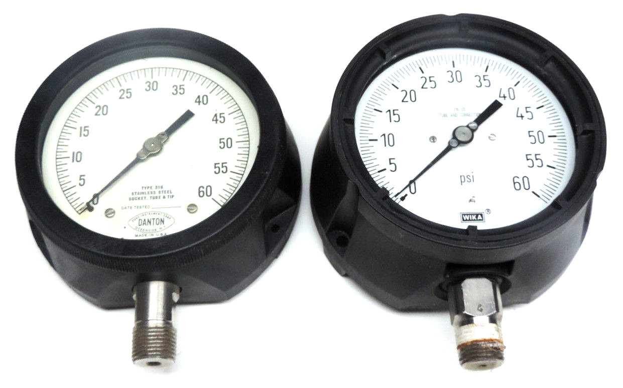 Used LOT OF 2 TYPE 316 STAINLESS SOCKET TUBE & TIP GAUGES (1) DANTON (1) WIKA 1-60PSI