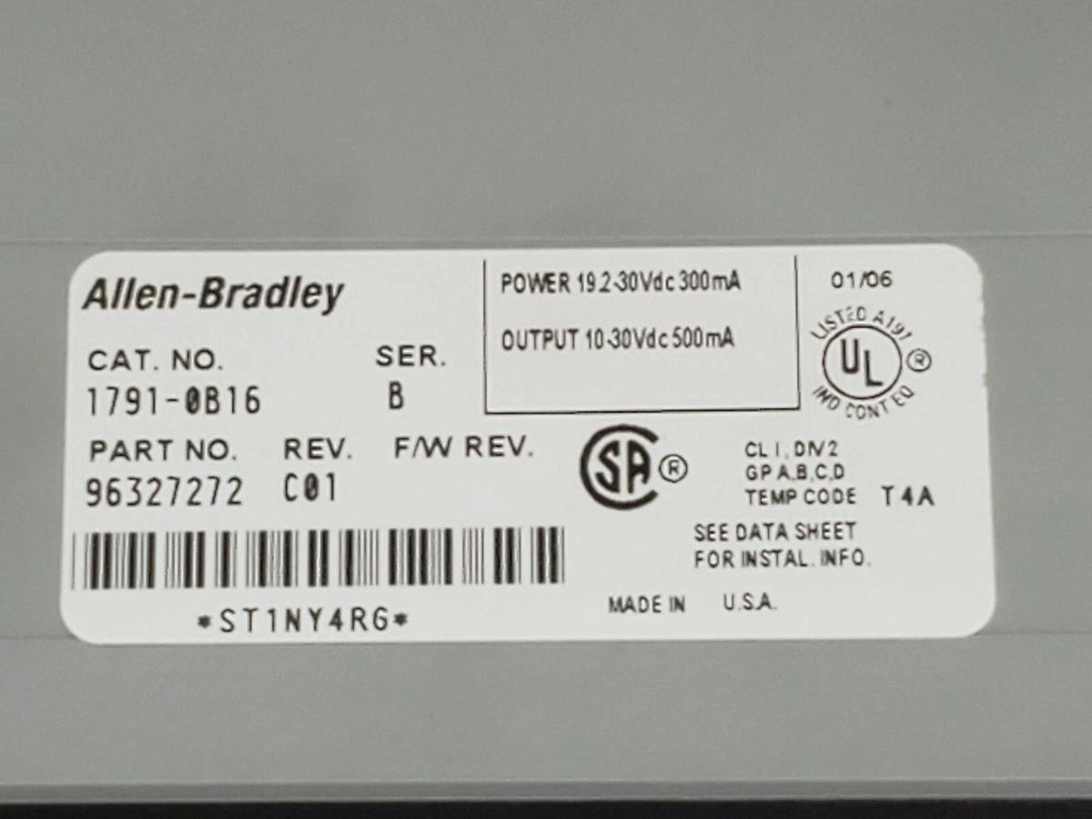 Used ALLEN BRADLEY 1791-0B16 I/O BLOCK 17910B16 SER. B REV. C01, 24VDC, P/N: 96327272