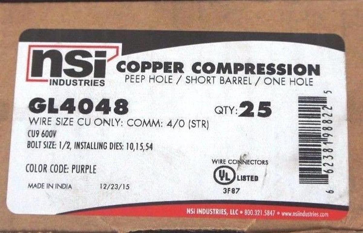 Used NIB NSI GL4048 COPPER COMPRESSION PEEP HOLE, SHORT BARREL, ONE HOLE - QTY 19