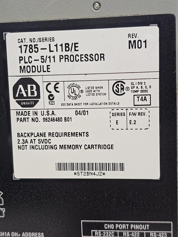 Used ALLEN BRADLEY 1785-L11B /E PLC-5/11 PROCESSOR MODULE REV. M01 F/W REV. E.2