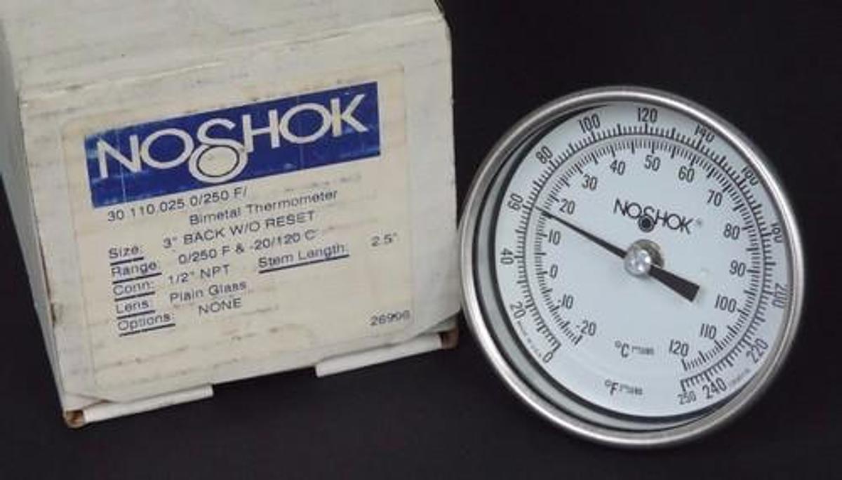 Used NIB NOSHOK 30-110-025-0/250-F/C BIMETAL THERMOMETER 1/2" NPT 2.5" STEM LENGTH