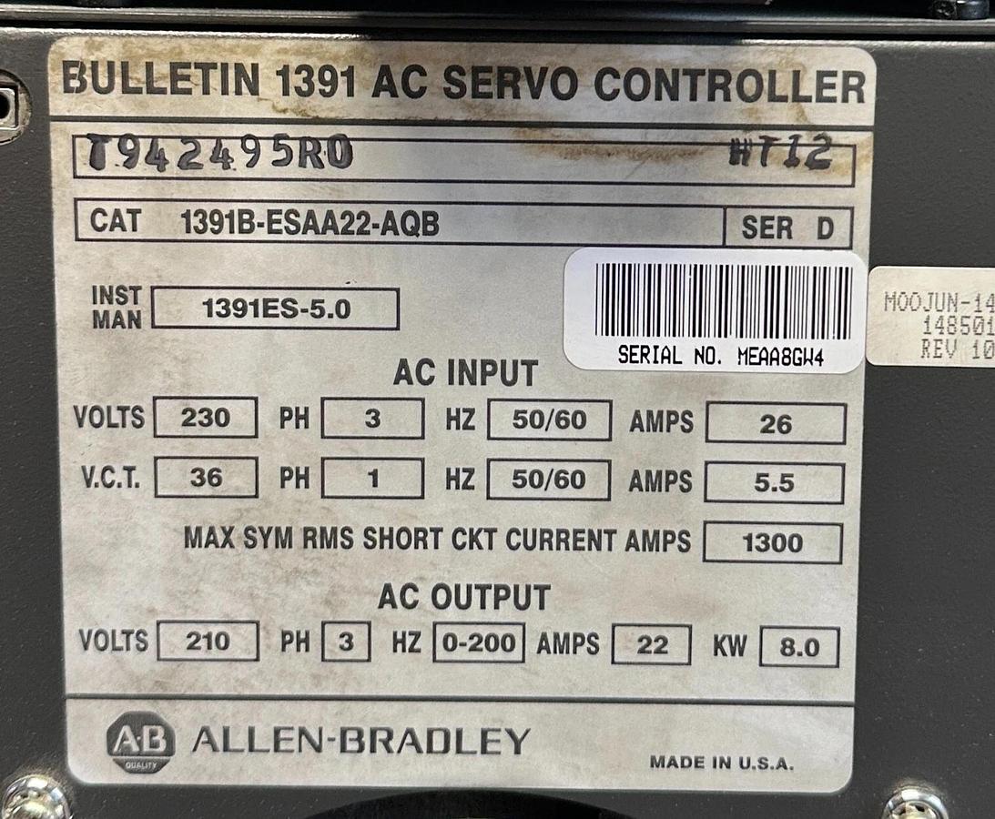 Used ALLEN BRADLEY 1391B-ESAA22-AQB /D BULLETIN 1391 AC SERVO CONTROLLER 8kW USNP