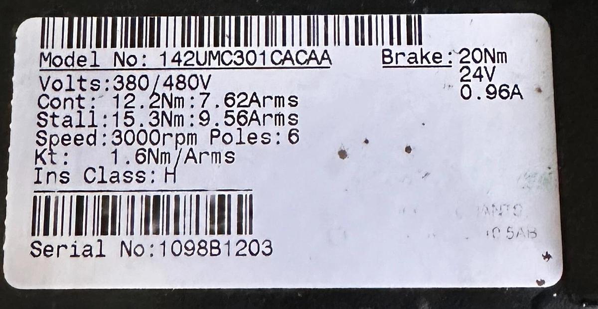 Used CONTROL TECHNIQUES 142UMC301CACAA BRUSHLESS SERVO MOTOR 12.2Nm 380/480V