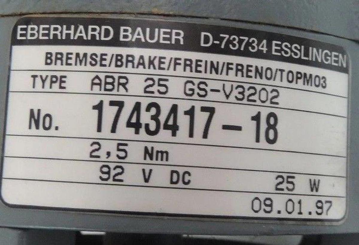 Used EBERHARD BAUER D-73734, NO. 1743417-18 GEAR MOTOR DK74 SZ2-KZ/178-V3209-AS/M