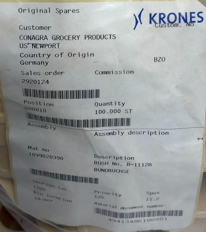 Used Krones 1099020390 Flanged Bushing No B-11128 Bundbuchse Bag of 100 New