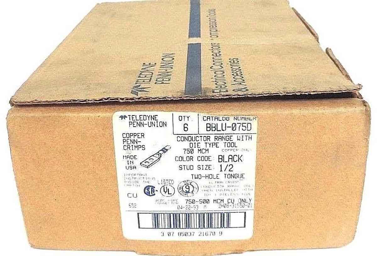 Used BOX OF 6 NEW TELEDYNE PENN-UNION BBLU-075D COPPER CRIMPS BLACK 1/2", 750MCM