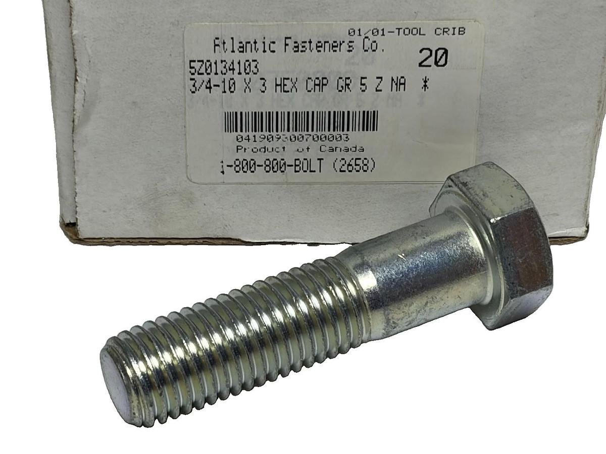 Used Box of 20 Atlantic Fasteners 3/4-10 x 3" Grade 5 Zinc Hex Cap Screw Bolts