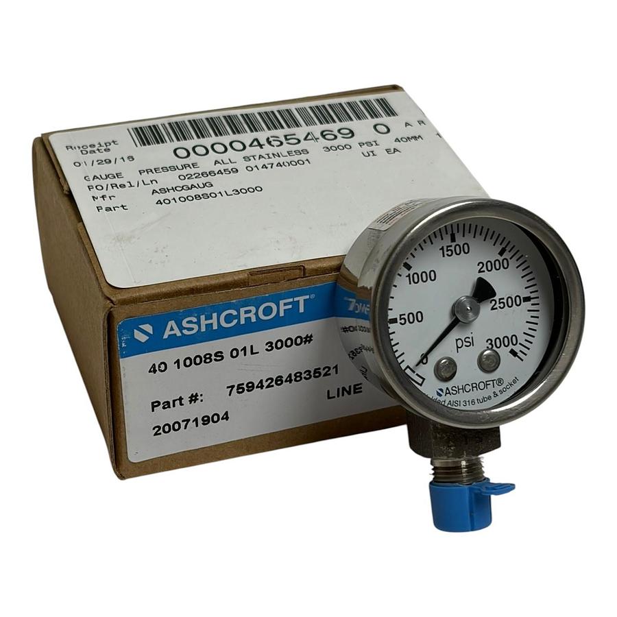Used Ashcroft 40-1008S-01L-3000# 40mm Pressure Gauge 3000 PSI Stainless New in Box