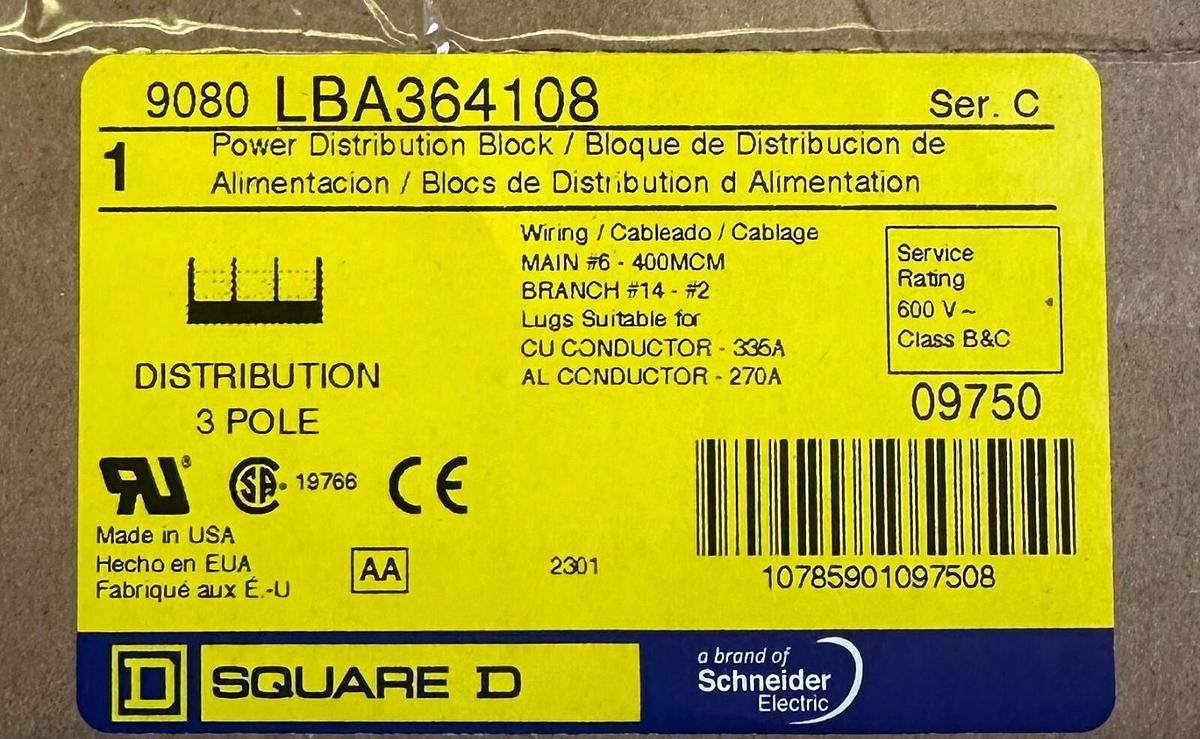 NEW SQUARE D 9080-LBA364108 / 9080LBA364108 POWER DISTRIBUTION BLOCK SER. C 600V