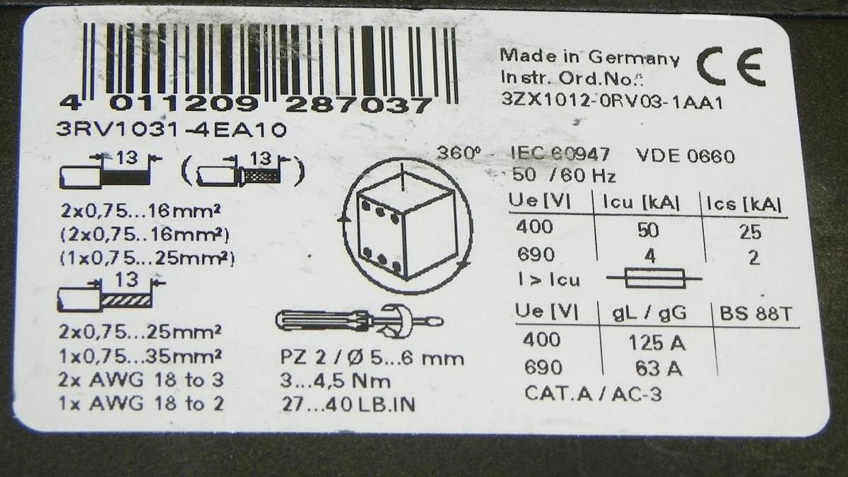 Used SIEMENS 3RV1-031-4EA10 SIRIUS COMBINATION MOTOR CONTROLLER 3RV10314EA10