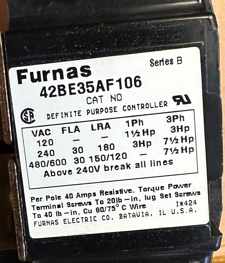 Used NEW FURNAS 42BE35AF106 SERIES B DEFINITE PURPOSE CONTACTOR CTR 0523 30A 600V