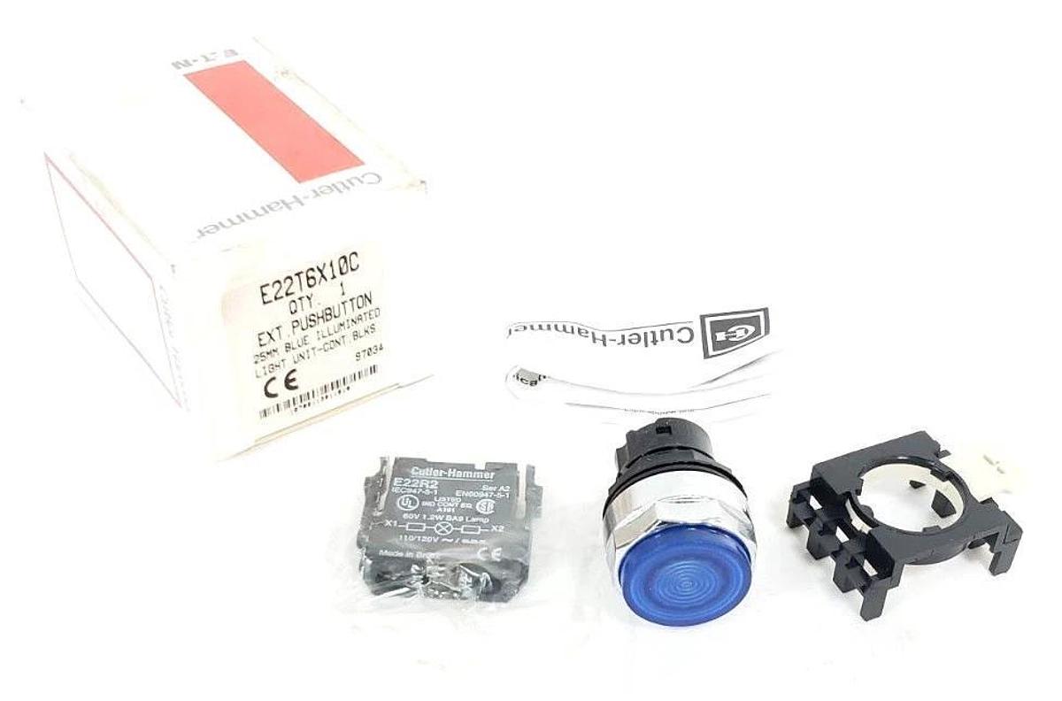 NIB EATON CUTLER-HAMMER E22T6X10C EXT. PUSHBUTTON BLUE, E22R2 CONTACT
