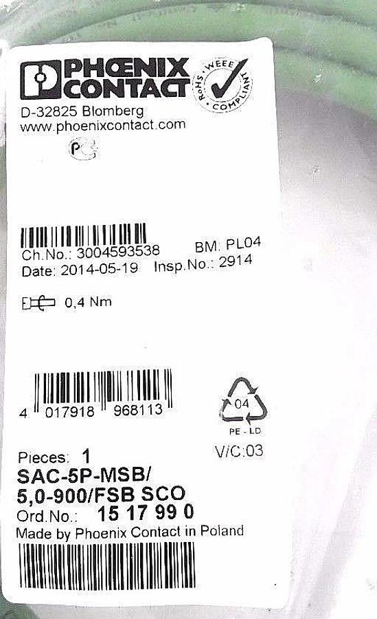 Used NEW PHOENIX CONTACT SAC-5P-MSB/5,0-900/FSB SCO CABLE ORD. NO. 1517990