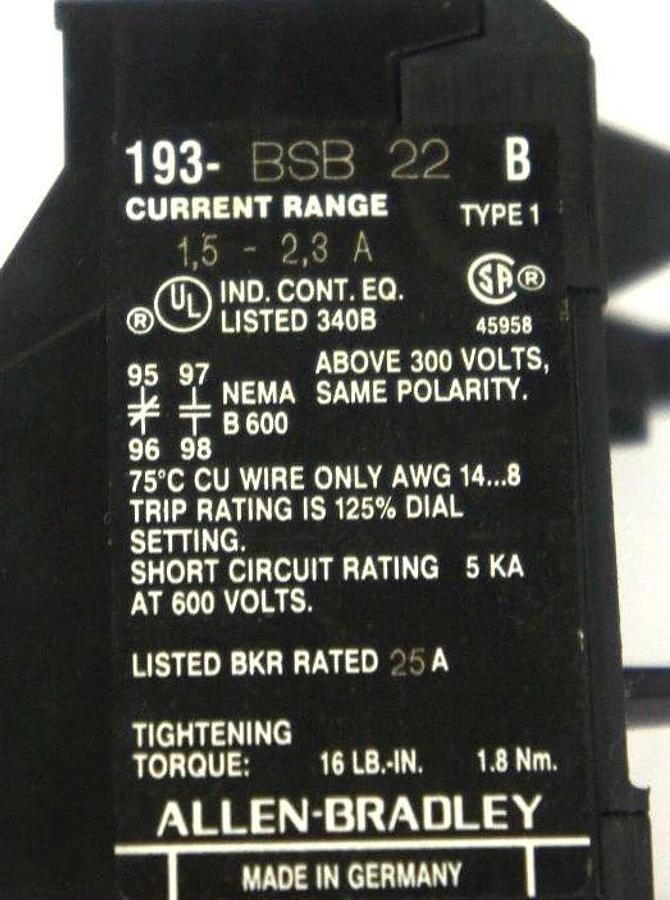 Used ALLEN BRADLEY 193-BSB22 OVERLOAD RELAY, SER B, 193BSB22