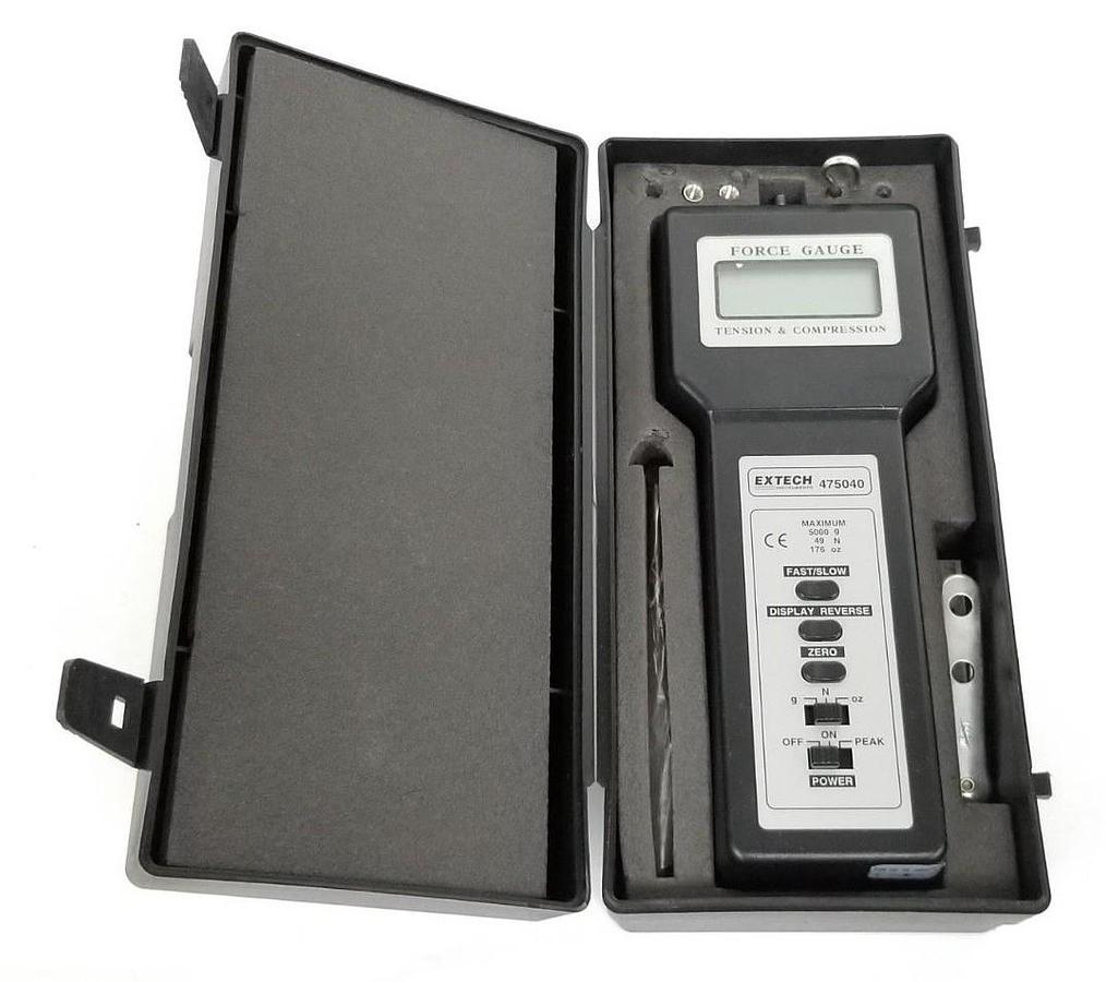 Used EXTECH 475040 TENSION & COMPRESSION FORCE GAUGE 5000G 49N 176oz. W/ ATTACHMENTS