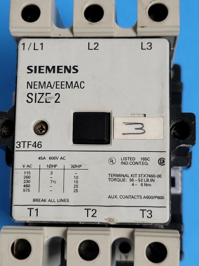 Used SIEMENS 3TF4622-0AK61 SIZE 2 CONTACTOR NON-REVERSING 110/120VAC 50/60HZ