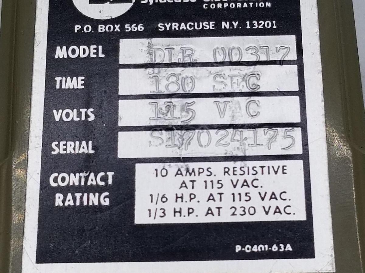 Used SYRACUSE ELECTRONICS DLR-00317 TIME DELAY RELAY 180SEC, 115VAC, DLR00317