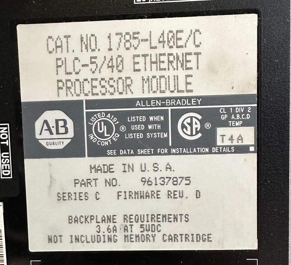 Used ALLEN BRADLEY 1785-L40E /C PLC-5/40 EtherNet PROCESSOR MODULE F/W. D 1785L40E