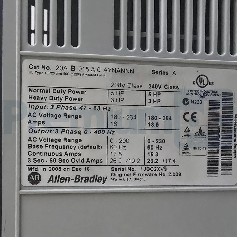 Used Allen-Bradley 20AB015A0AYNANNN /A PowerFlex 70 VFD 5HP 240V 3-Ph AC Drive USPI
