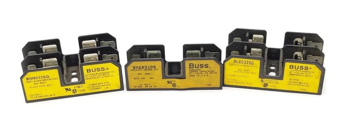 Used LOT OF 3 ASSORTED BUSS FUSEHOLDERS BM6032SQ, BM6031PQ, BC6032SQ